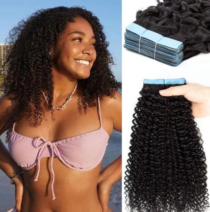 The Urbeauty tape-in hair extensions are made from 100% human hair, featuring a kinky curly texture that seamlessly blends with natural curls. 