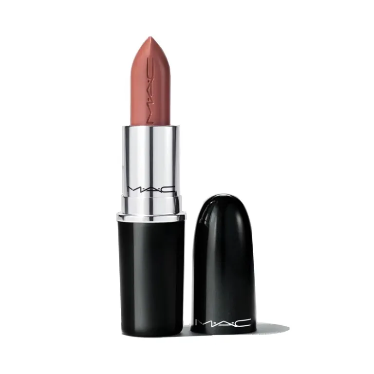 a mac lipstick with a sheer, shiny, rosy nude brown