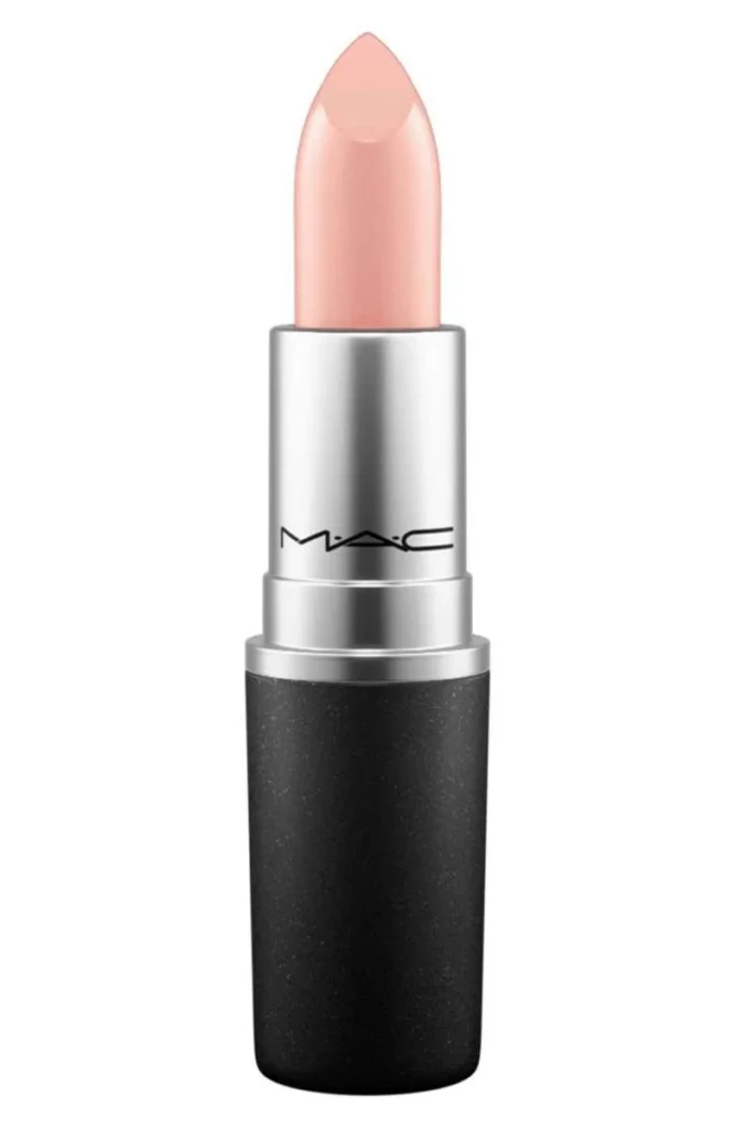 a classic mac lipstick with teddy-brown nude and muted pink-beige tones;